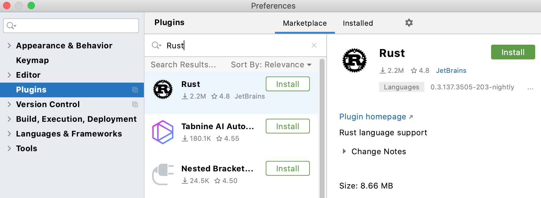 Install IntelliJ Rust from the IDE