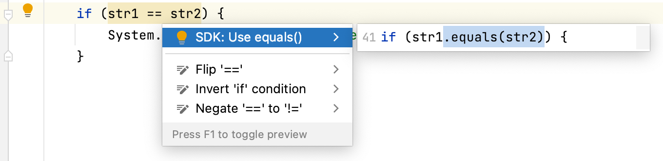 Comparing String References inspection highlighting and quick fix