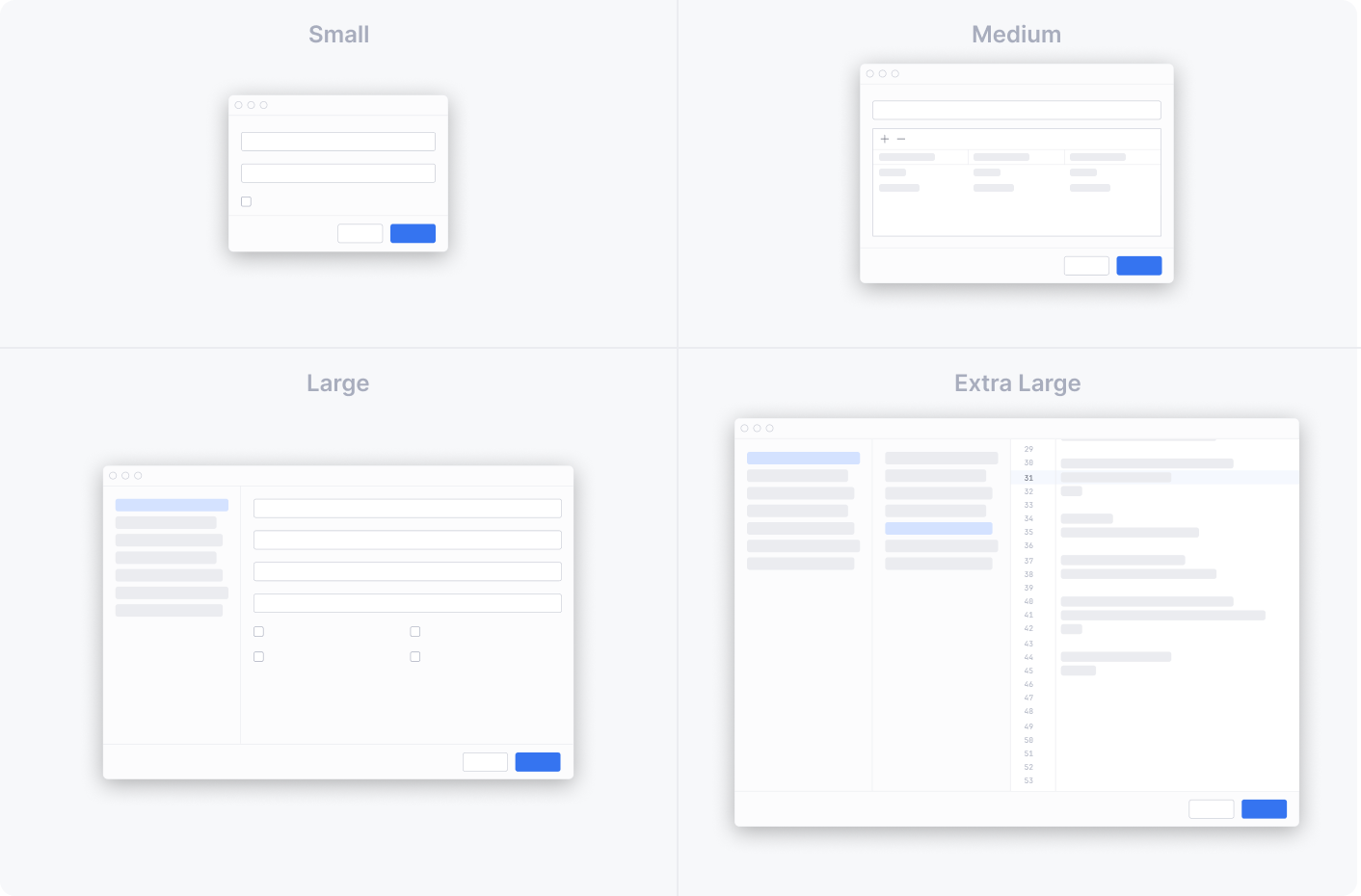 A preview of recommended window sizes for dialogs: extra small, small, medium, and large