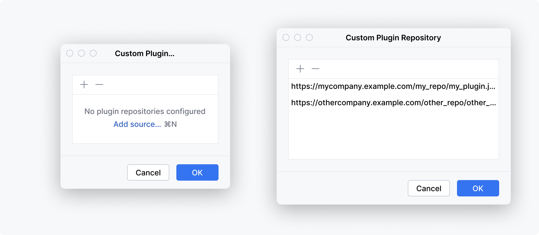 The table in the Custom Plugin Repository dialog has different sizes in the empty and the filled states