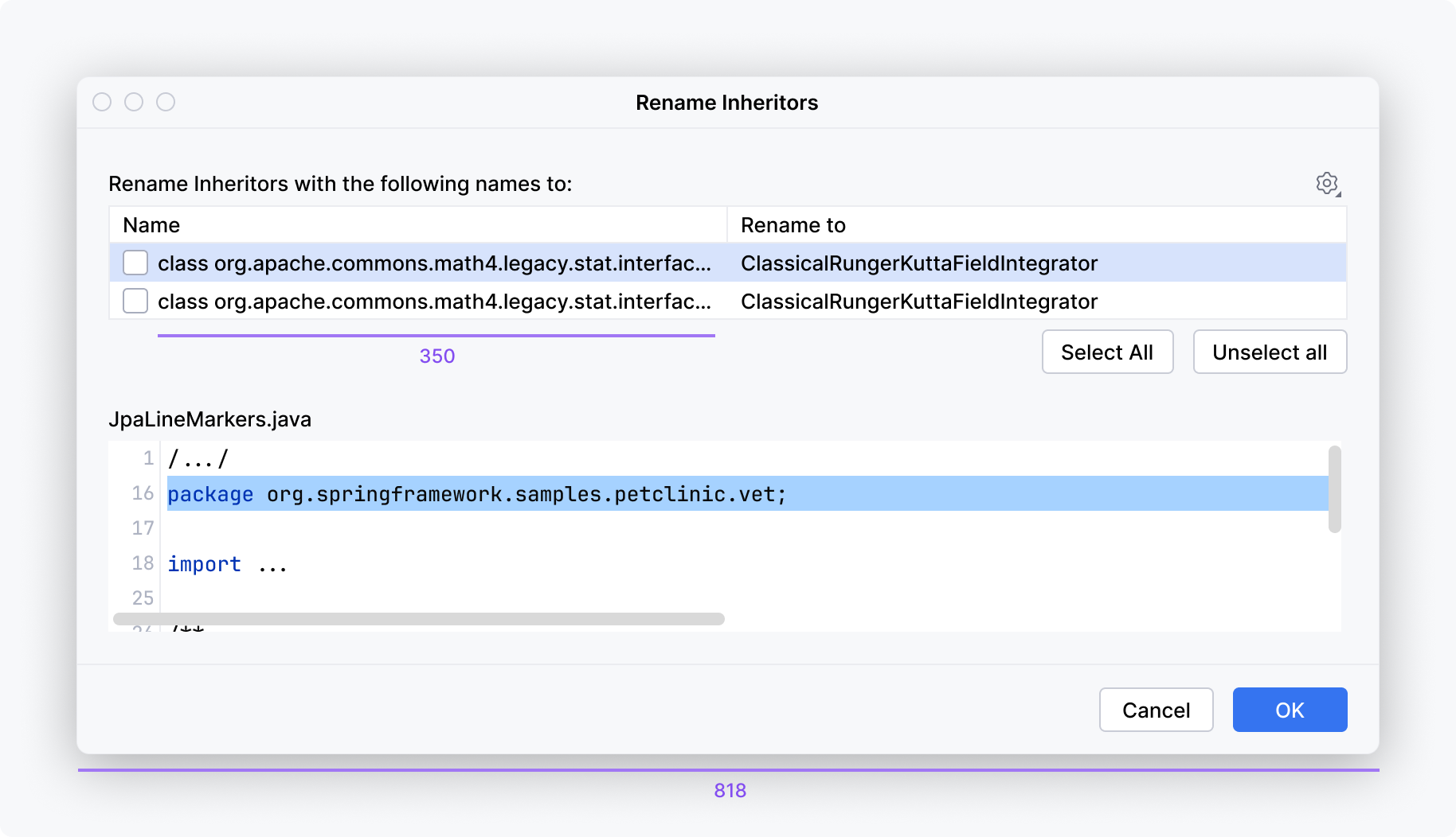 The Rename Inheritors dialog has a minimum width set for each table column