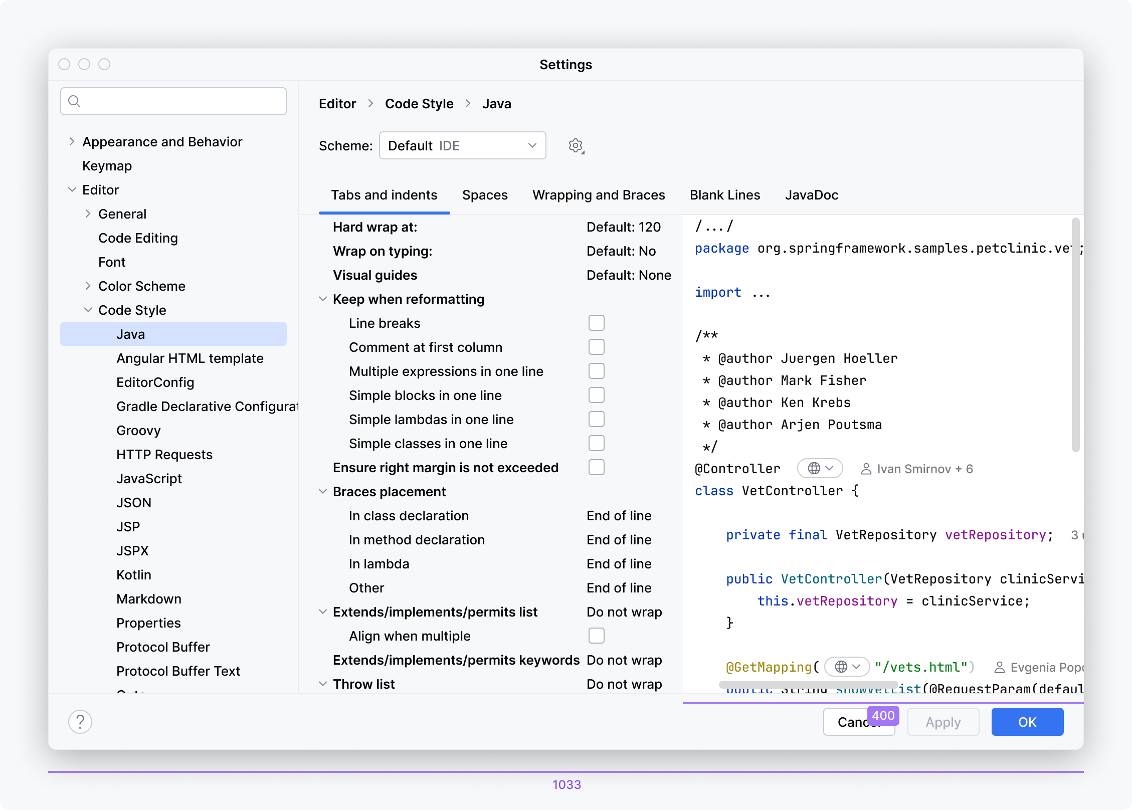 The code snippet in the Code Style settings for Java is 400 px, making the dialog wider