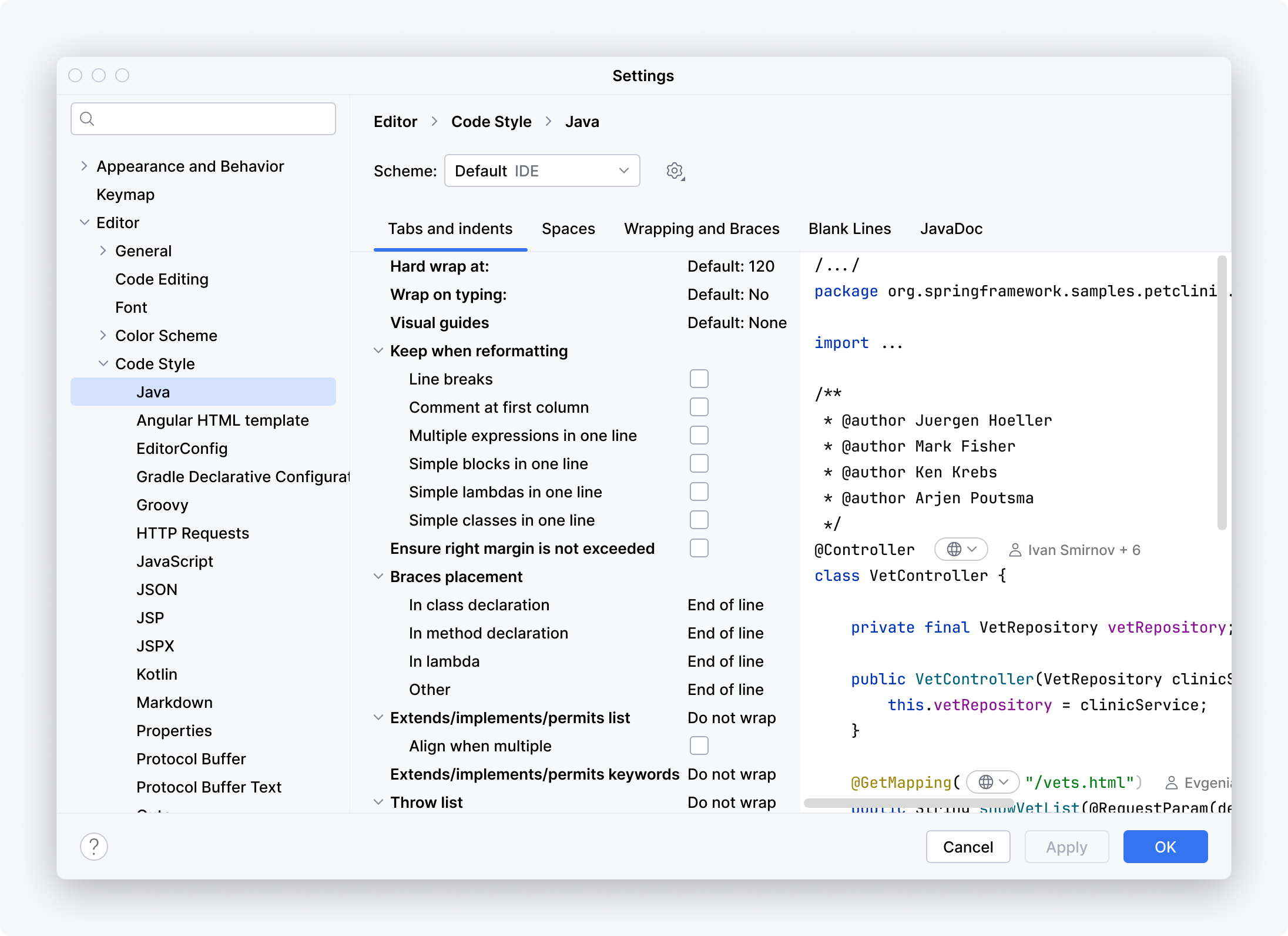 The Settings dialog that has three or more columns on multiple pages