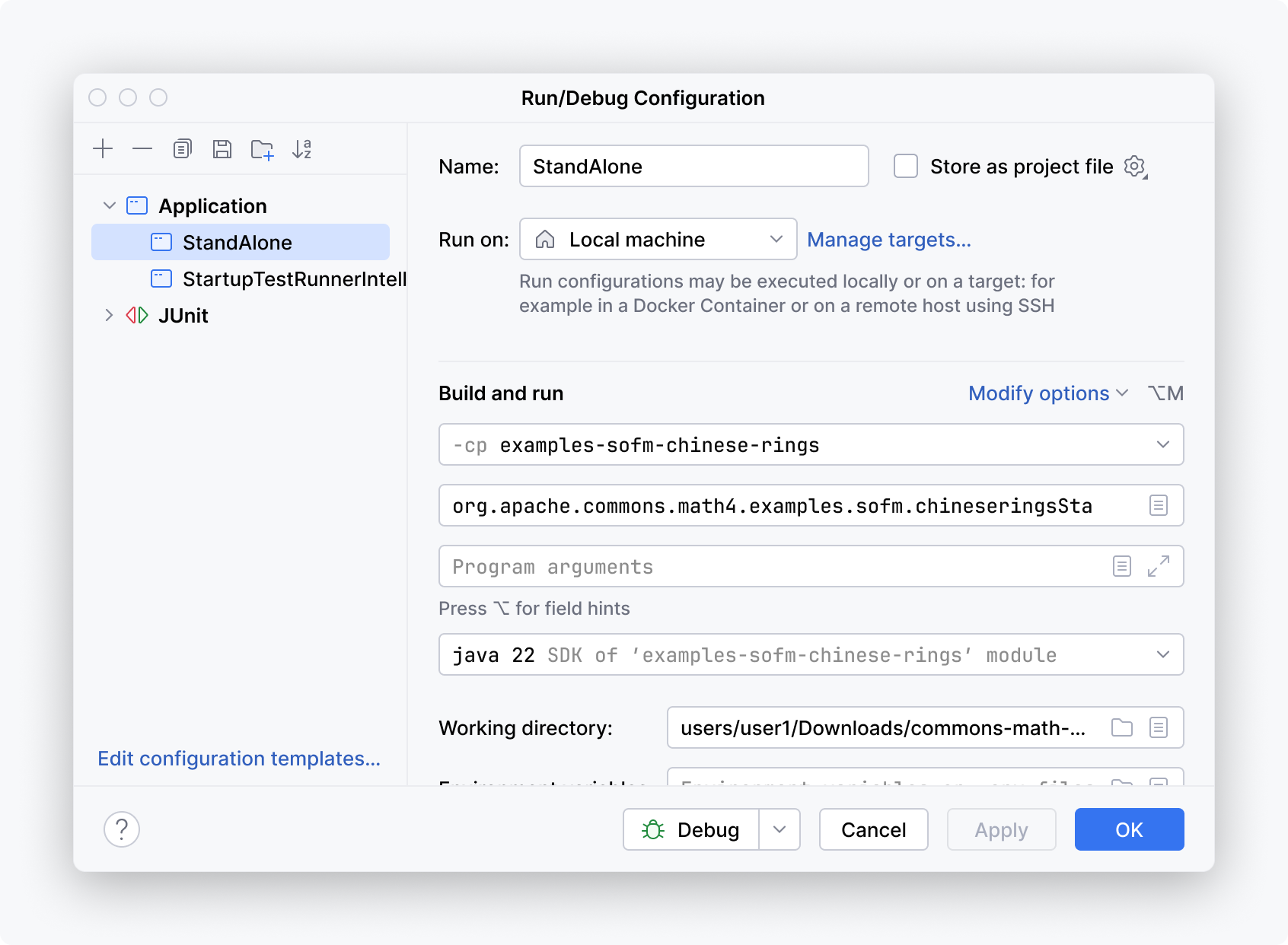 The Run/Debug Configuration dialog that has a two-column layout. There is a navigation in the first column and a list of settings in the second column