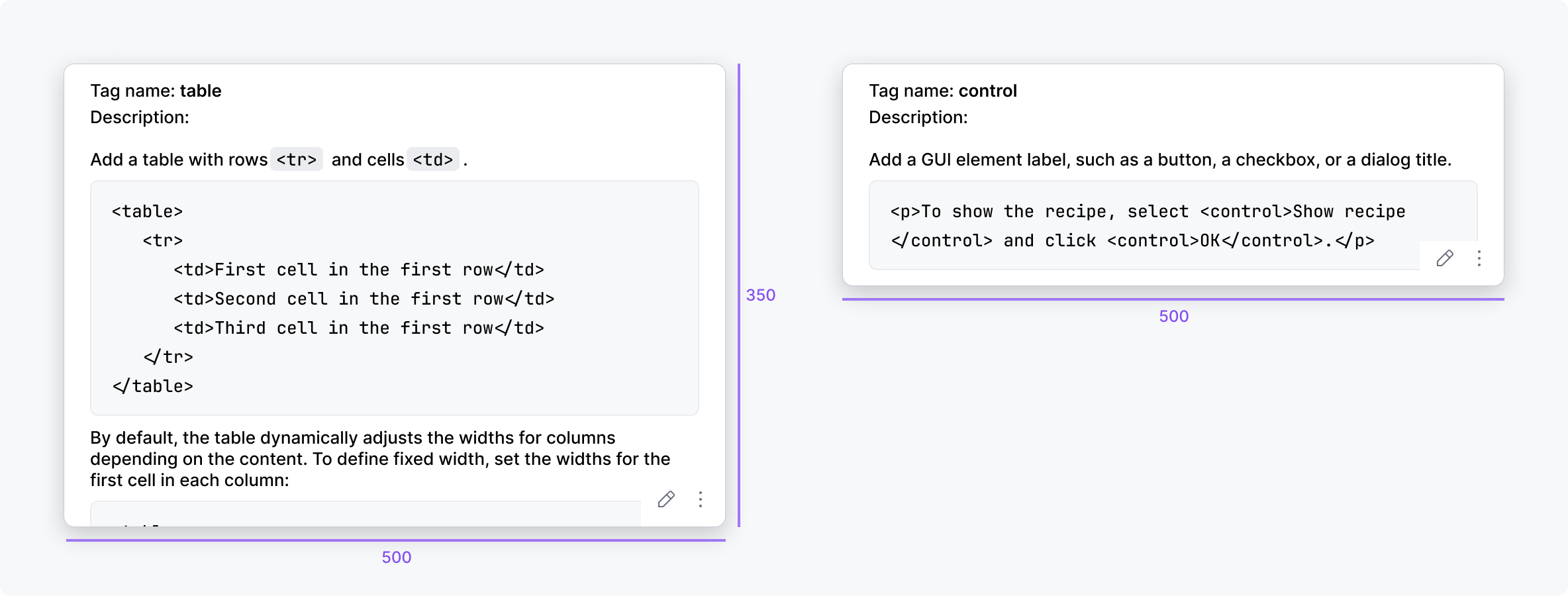 Documentation popup 500 px wide