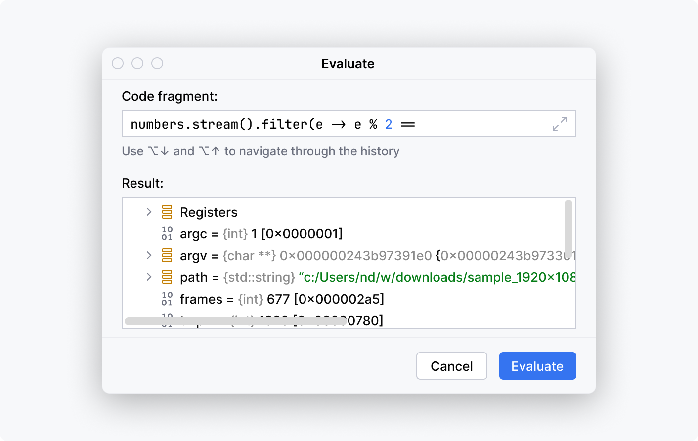 The Evaluate Expressions dialog that has an input field with long text and a tree with code stacked vertically