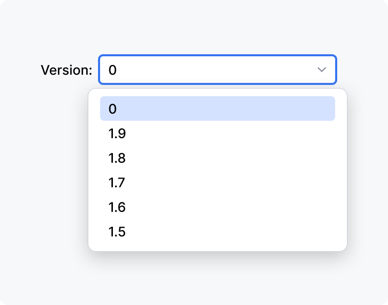 Drop-down menu labeled 'Version' with options ranging from 1.5 to 1.9, and an option '0'