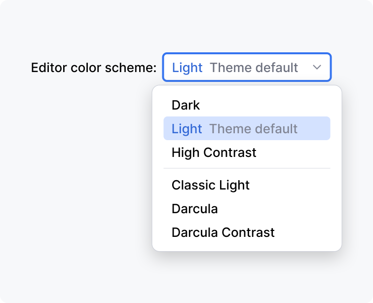 Drop-down 'Editor color scheme' with multiple options. Option 'Light (Theme default)' has 'Light' in blue color and 'Theme default' in grey color