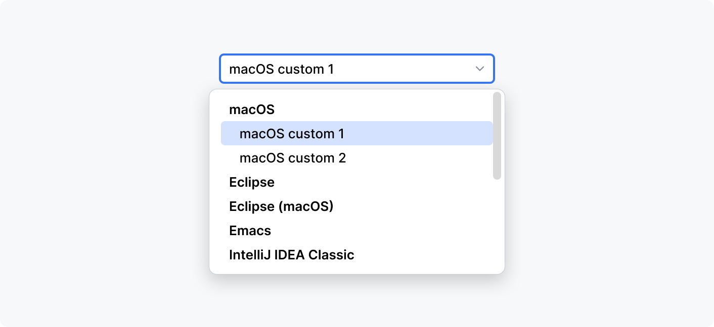 Drop-down 'Keymap' with multiple options in a tree view showing dependencies in options