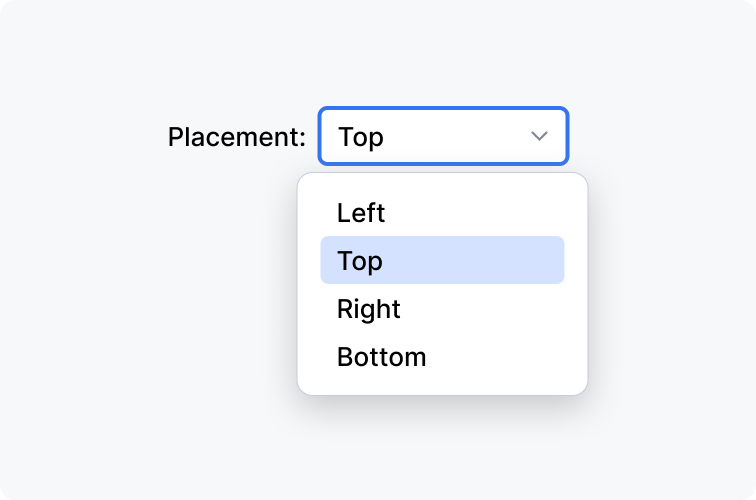 Drop-down menu labeled 'Placement' with options 'Left', 'Top', 'Right', and 'Bottom'. The selected option set to 'Top'