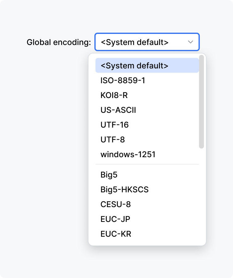 Drop-down menu labeled 'Global encoding' with multiple options grouped in two groups and divided: popular options and the rest