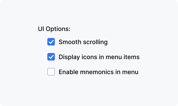 'UI Options' checkbox group with options: 'Smooth scrolling' (checked), 'Display icons in menu items' (checked), and 'Enable mnemonics in menu'