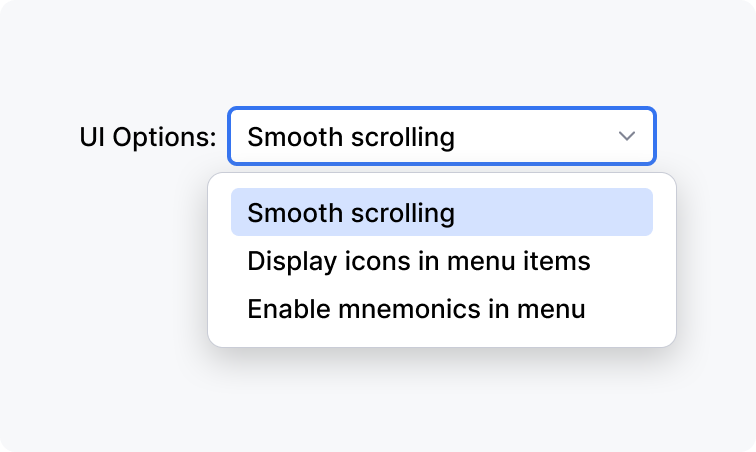 'UI Options' drop-down with options: 'Smooth scrolling' (checked), 'Display icons in menu items' (checked), and 'Enable mnemonics in menu'