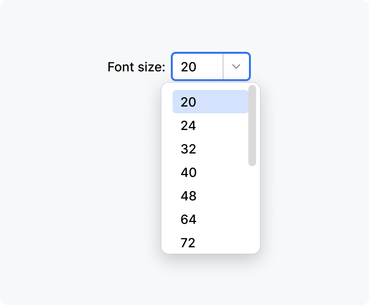 A combo box for selecting font size and entering a custom value is open, displaying options ranging from 20 to 72. The current selection is 20