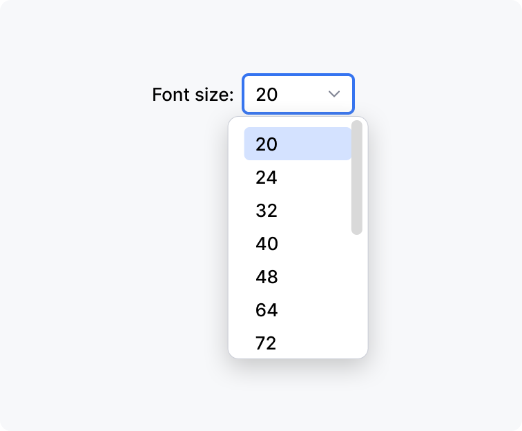 A dropdown menu for selecting font size is open, displaying options ranging from 20 to 72. The current selection is 20