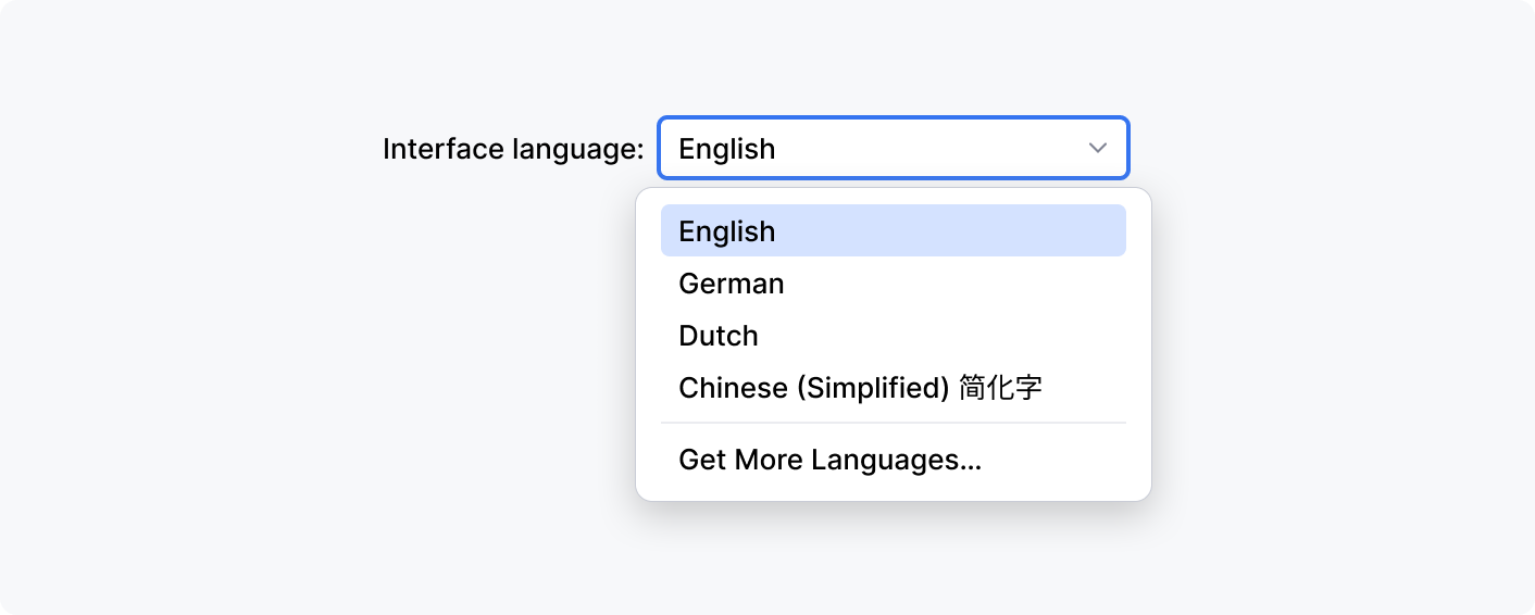 Interface language drop-down with options: English (selected), German, Dutch, Chinese (Simplified), and an option to get more languages