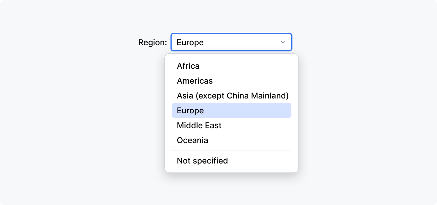 Regions drop-down with options: Africa, Americas, Asia except China Mainland, Europe (selected), Middle East, Oceania