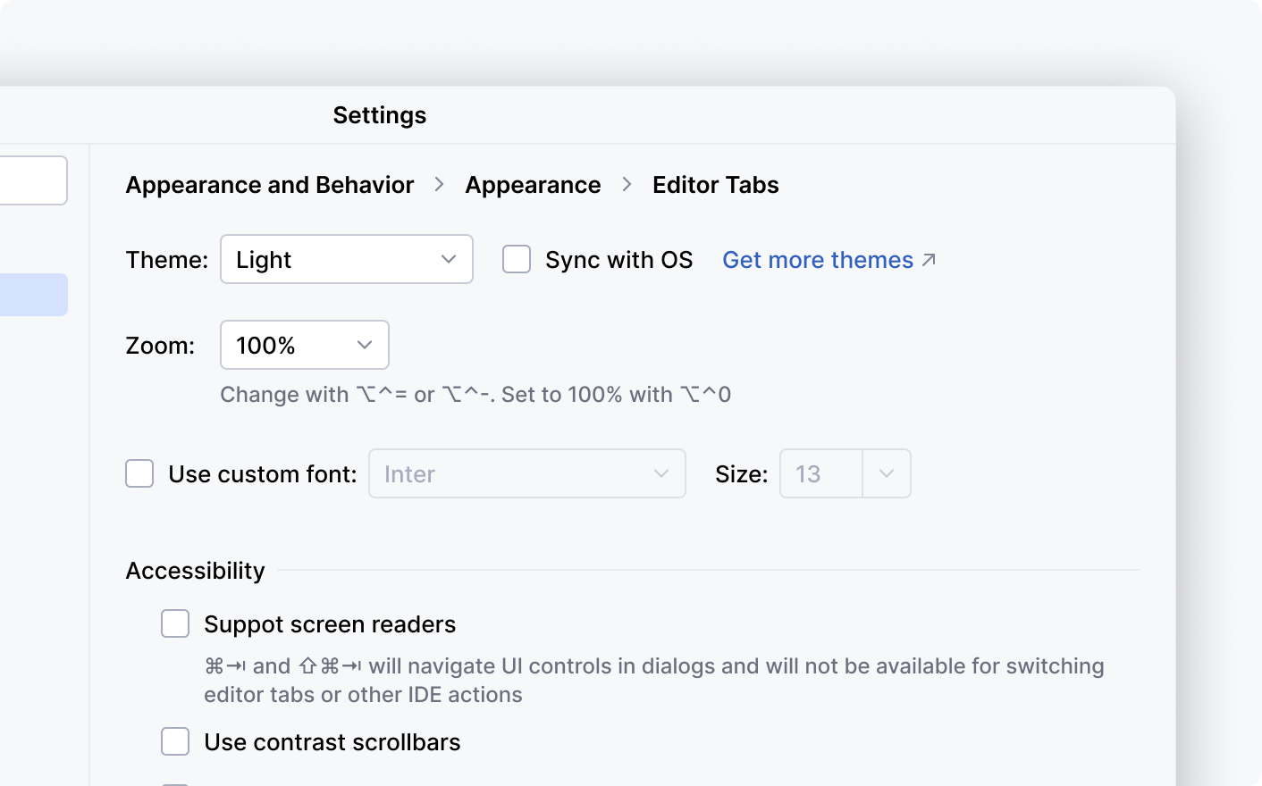 Settings | Appearence dialog that has a complex layout with multiple drop-downs: Theme, Zoom, and Custom font