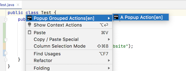 Add an action to EditorPopupMenu when right clicking on a test