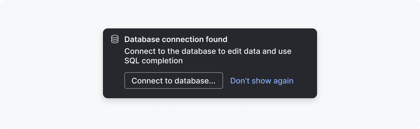 A notification balloon for a found database connection with an action to connect to it