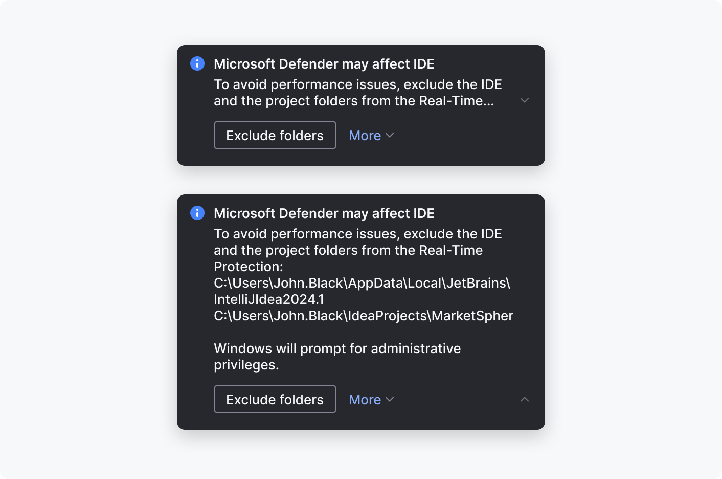 A notification about Windows Defender slowing down the IDE in the collapsed and expanded states. The notification body is long and takes 9 lines