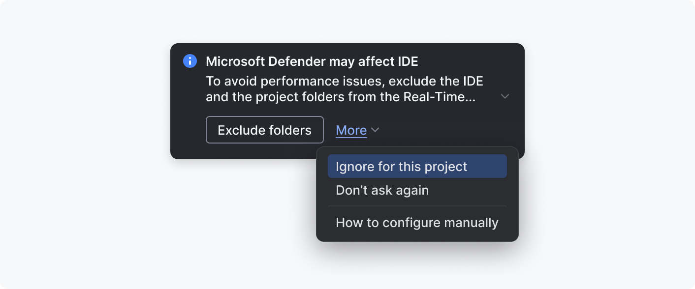 The Windows Defender notification with the primary action "Exclude folders" on the left and 3 more actions under the "More" dropdown link