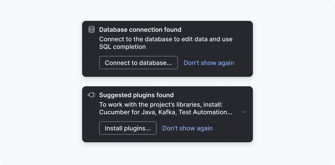 Two notifications with dedicated icons instead of the generic info icon: database connection found with the database icon and suggested plugins found with the generic plugin icon