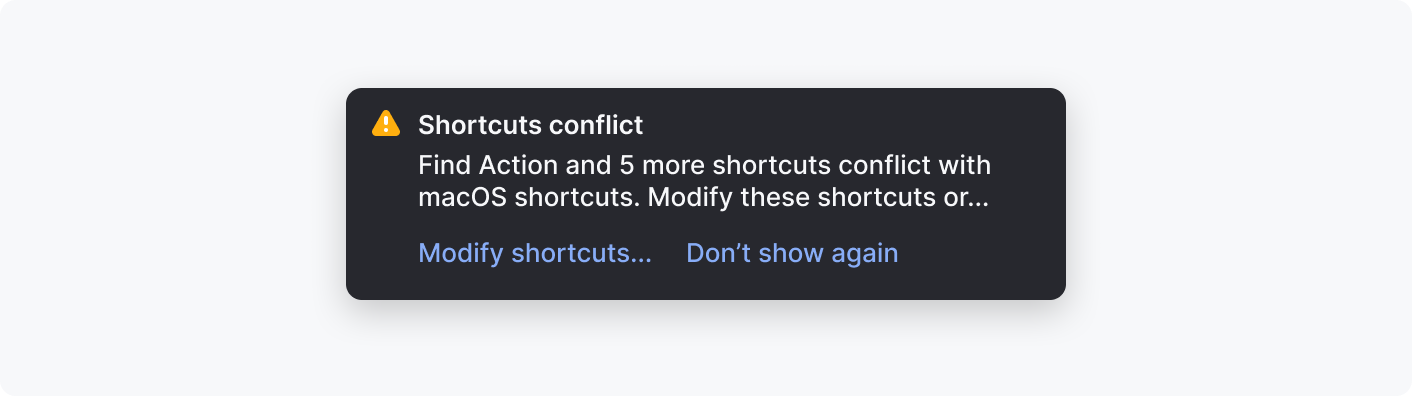 A warning notification about IDE shortcuts conflicting with macOS shortcuts