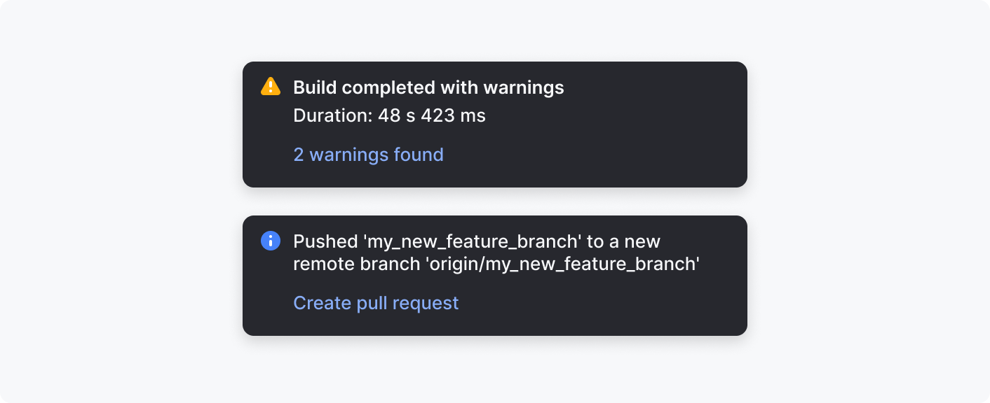 Two notifications with results of long processes: project build and git push