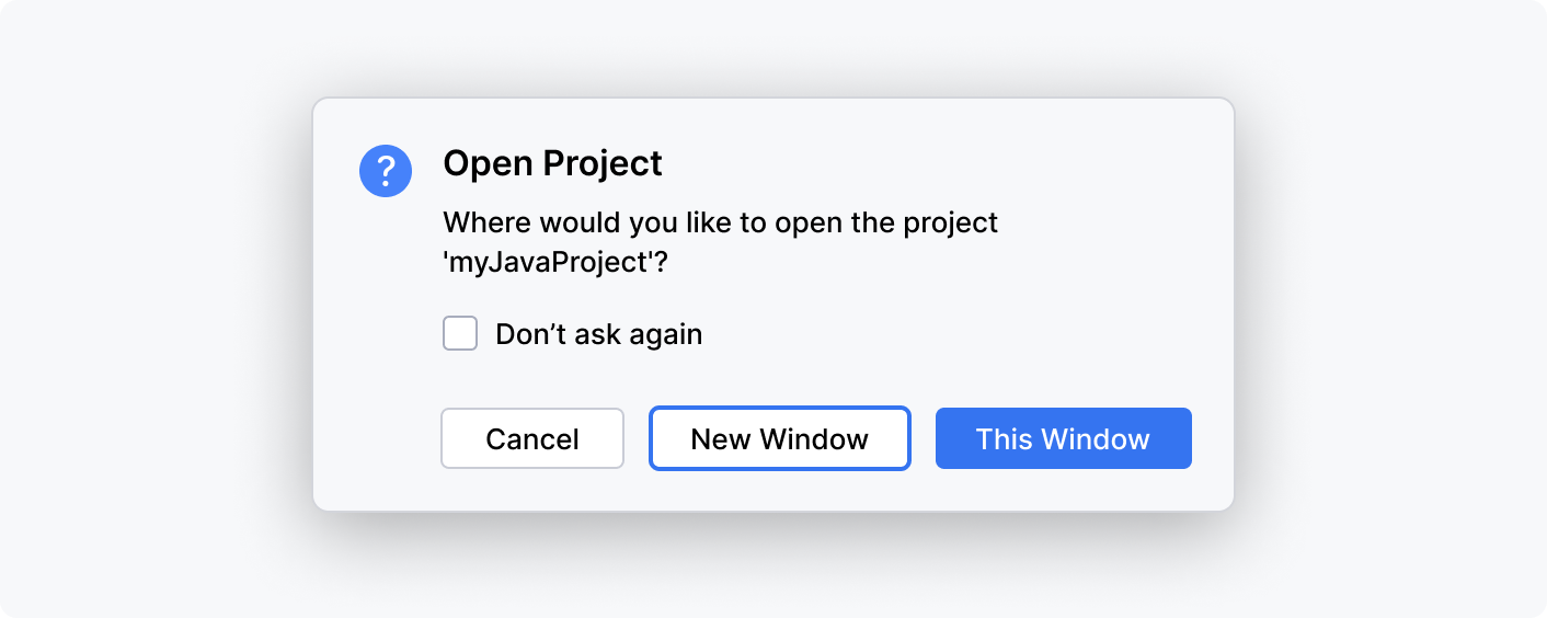 An alert 'Open Project' asking where to open 'myJavaProject' with options to cancel, open in a new window or this window