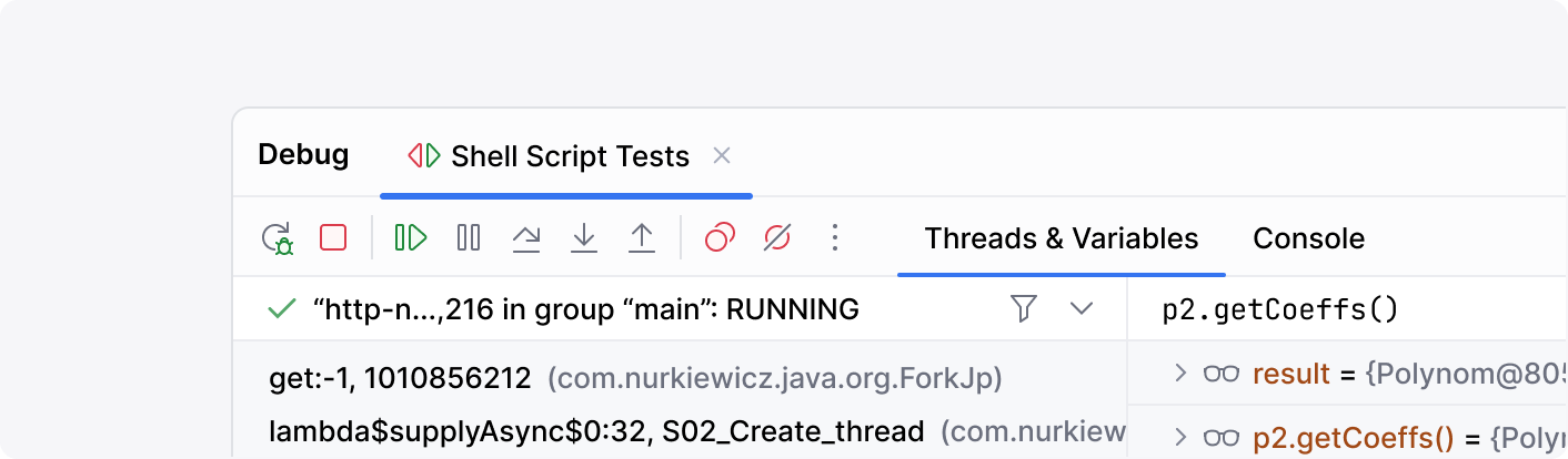 The Debug tool window with a horizontal toolbar containing the Run, Stop, Resume, Pause, Step In, Step Out and other actions