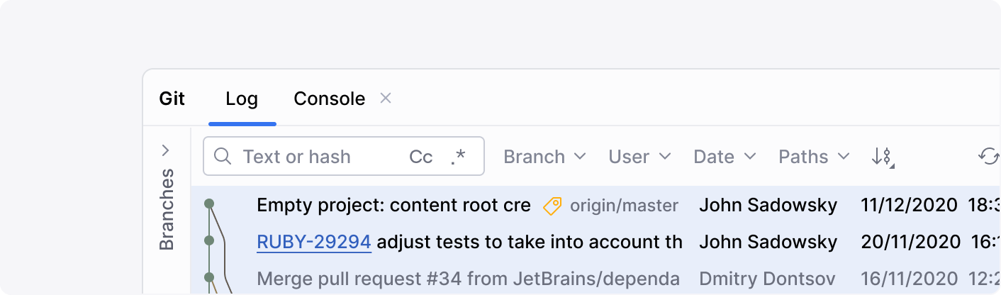 The Git tool window with a horizontal toolbar containing a search field and four drop-down lists with filters for the list of commits