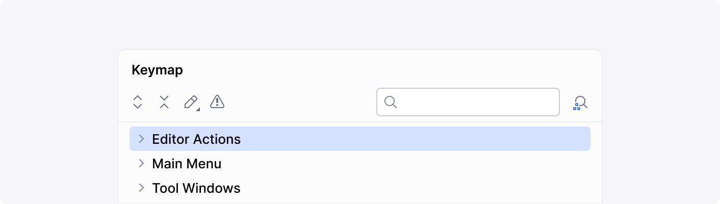 The Keymap settings with a tree and a toolbar above it: the Expand, Collapse and Edit icon buttons are on the left side of the toolbar, and a search field with another icon button are on the right side