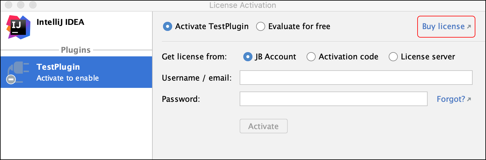 License Activation window