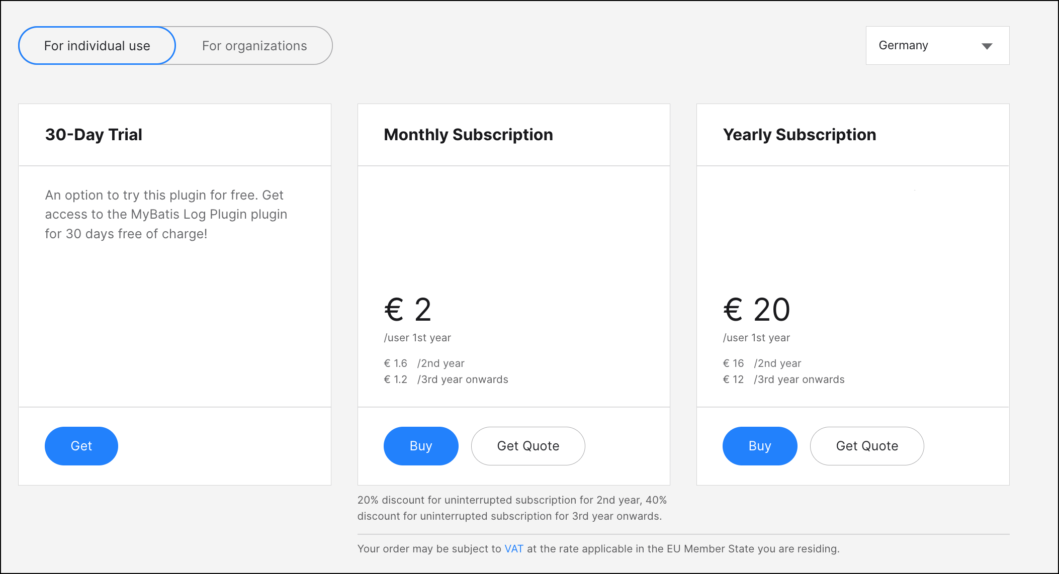 Pricing page for a vendor